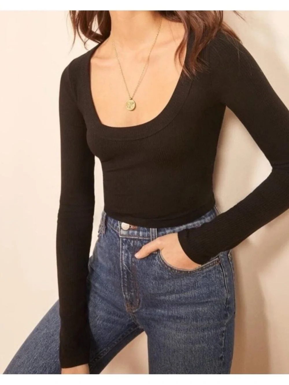Reformation Paige Knit Long Sleeve Ribbed Crop Top Women Size Medium Black NWOT