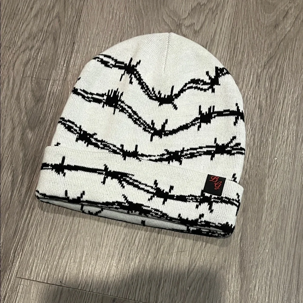 White Beanie with Black Barbed Wire Design