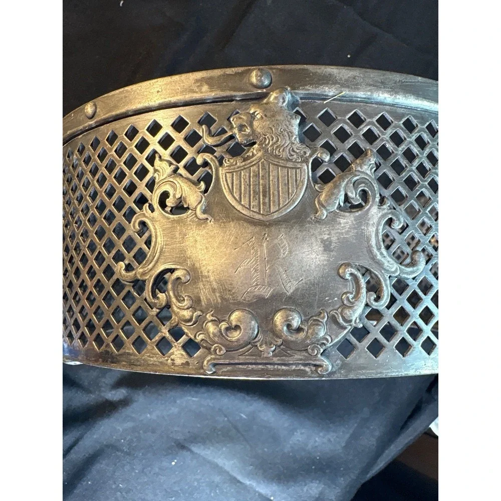 Antique Ornate Metal Basket with‎ Crest Handles Table Decor Collectible Accent