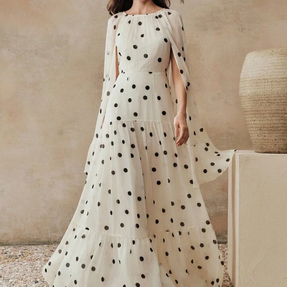 Beige Elegant Women's Long Polka Dot Flared Hem Dress