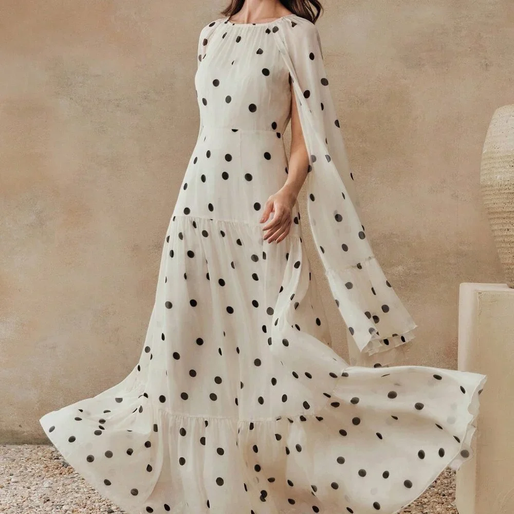 Beige Elegant Women's Long Polka Dot Flared Hem Dress