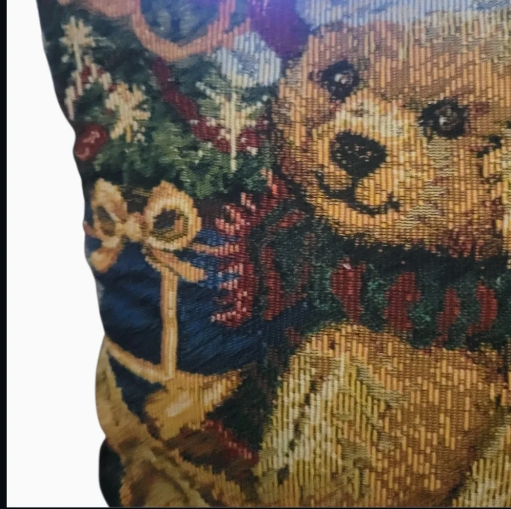 Christmas Bears Pillow Tapestry Burgundy Needlework Design Holiday Decor 16 X 12