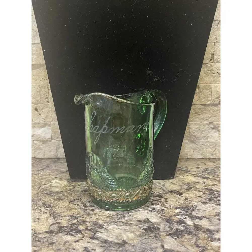 Antique EAPG Pitcher Green Glass with Gold Trim Engraved L‎ J Chapman 1912 Nice