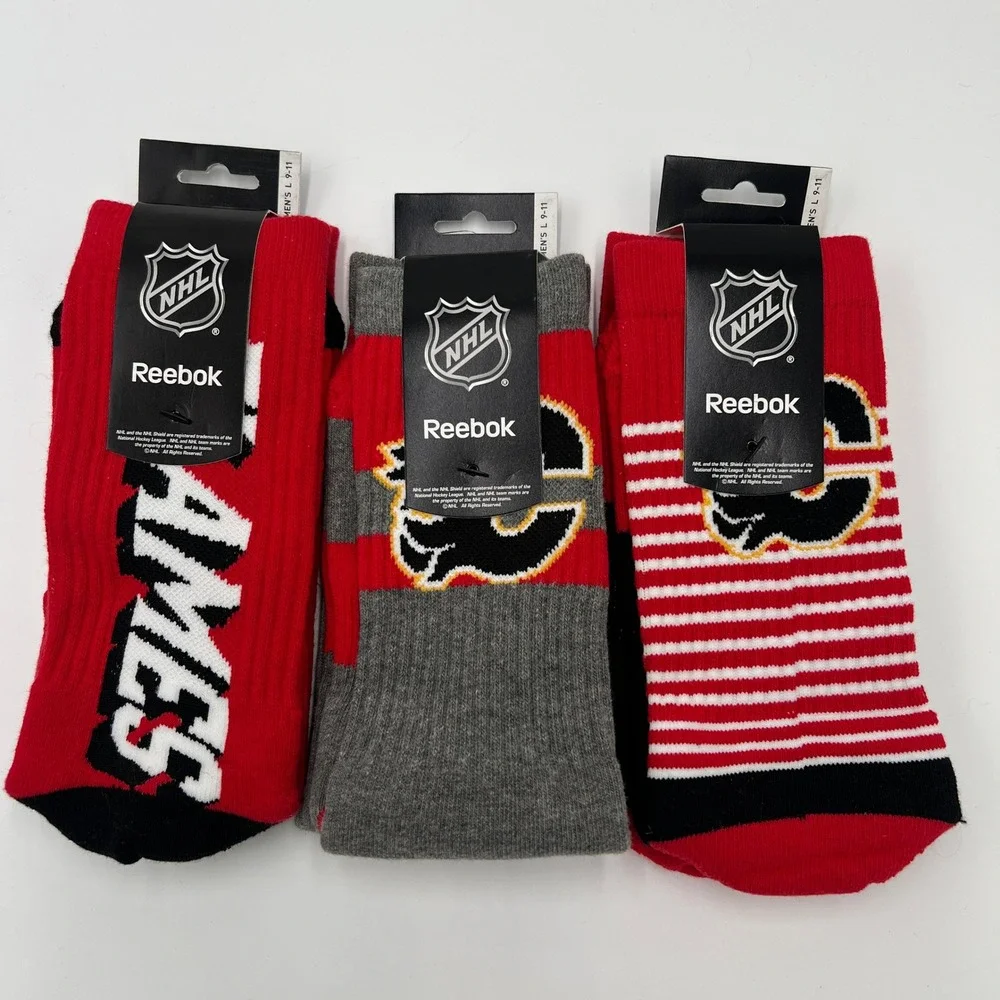 Reebok NHL Calgary Flames Men's Crew Socks 3‎ Pack Size L 9-11 Red Grey New