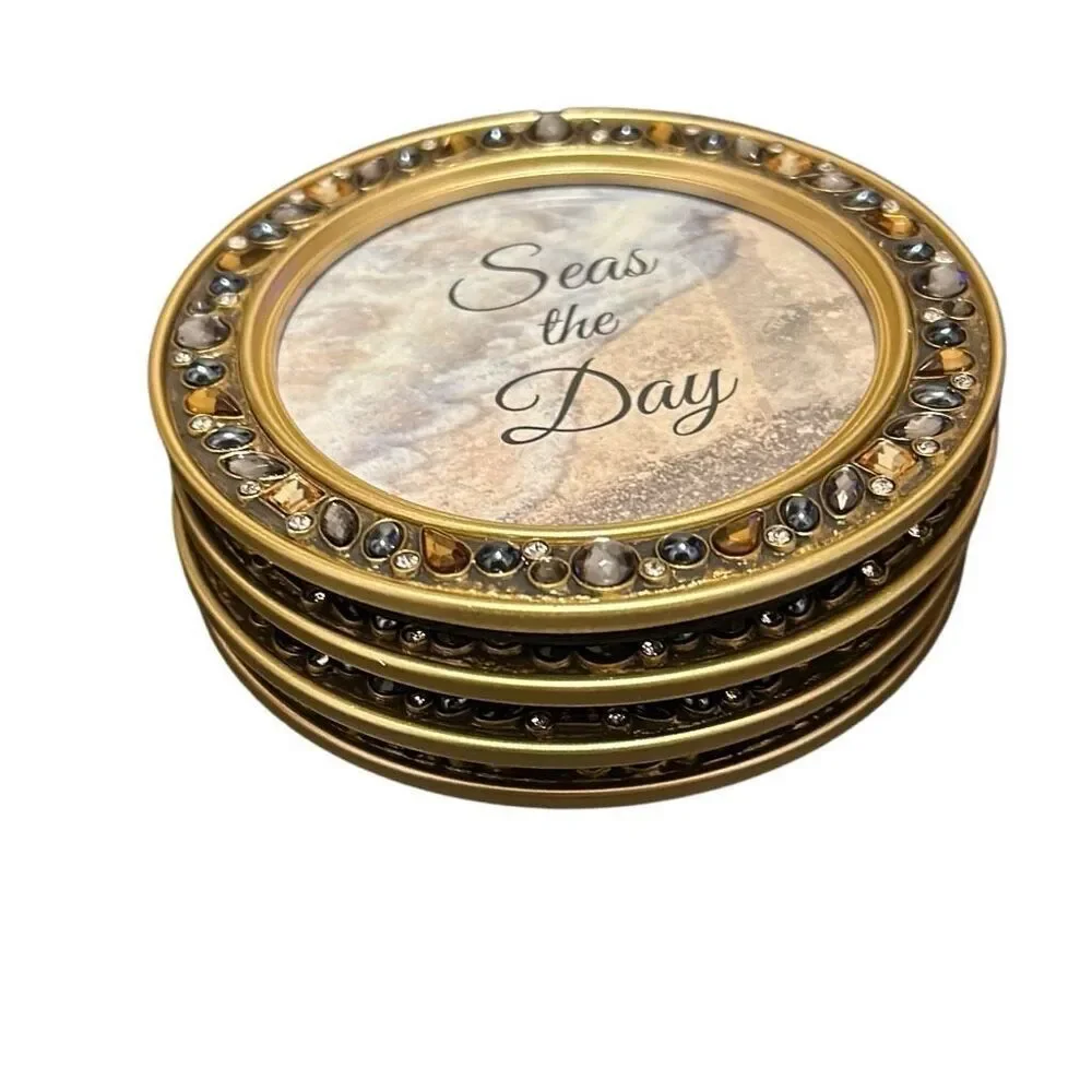 Dickson Gifts Seas The Day Amber Goldtone 4.5 Inch Jeweled Coaster Set of 4 NWOT