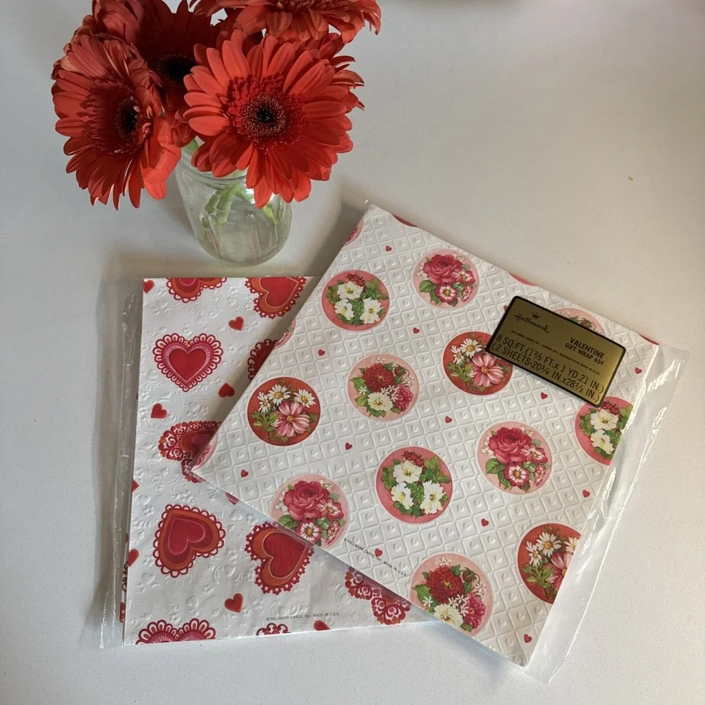 Hallmark Valentine Gift Wrap Paper Lot of 2 Packs Vintage 80s‎ Embossed Floral