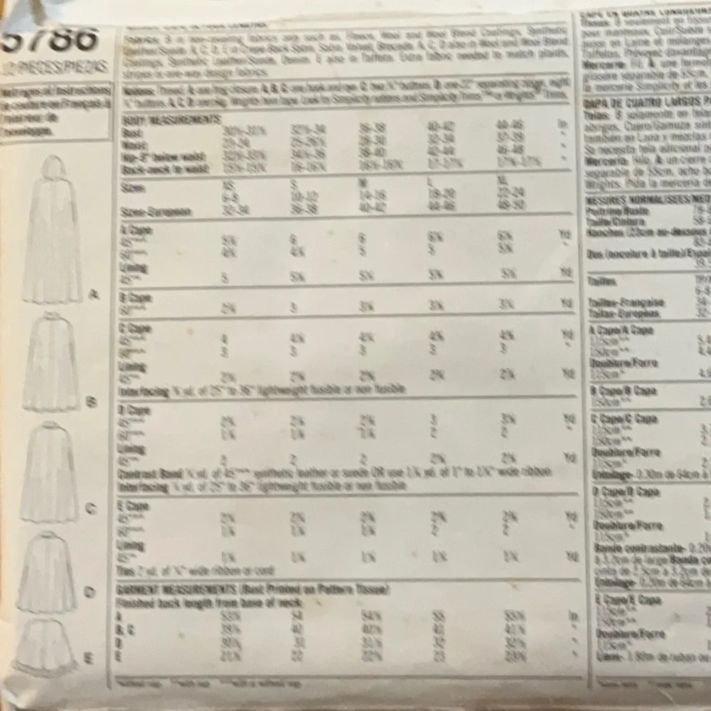 Simplicity 5786 Sewing Pattern Misses Cape in 4 Lengths Size AA  XS S M