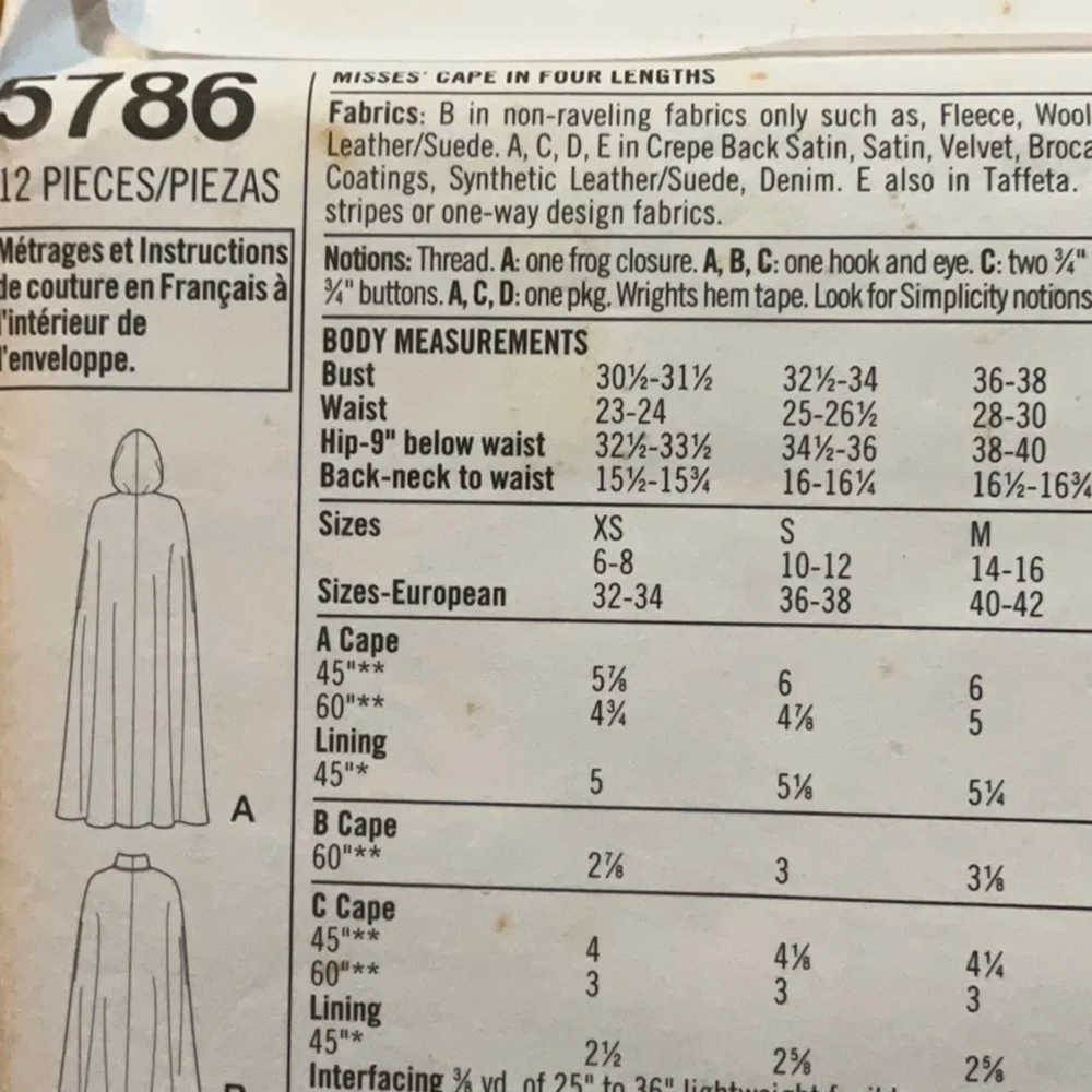Simplicity 5786 Sewing Pattern Misses Cape in 4 Lengths Size AA  XS S M