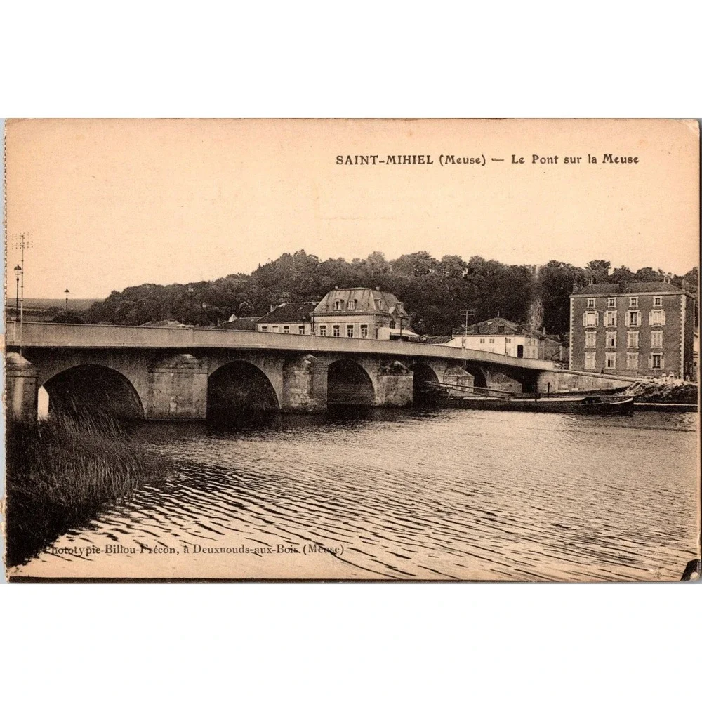 Vintage Saint-Mihiel Bridge on Meuse River‎ France Black & White Postcard