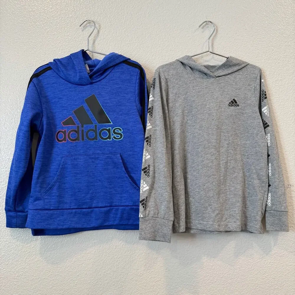 2x Adidas Boys Blue Logo Hoodie Sweatshirt Long Sleeve Hooded Logo Tee gray
