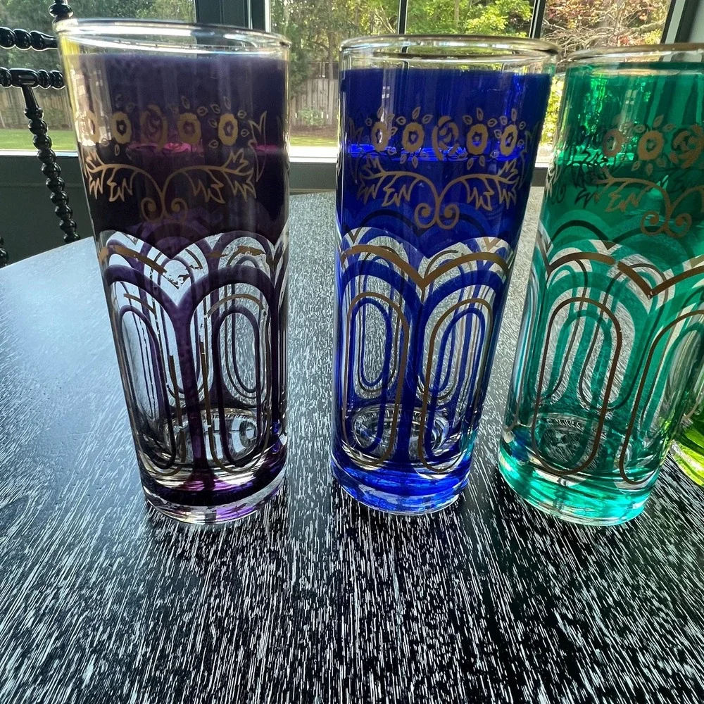 Set of 6 late 20th century glass candleholder vases with moorish Alhambra design