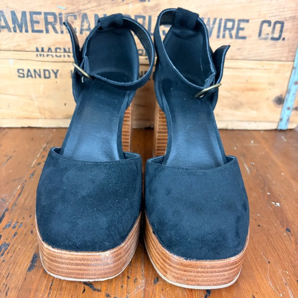 Cushionaire Tanner Black Platform Wood Block Heel Square‎ Toe Pumps 8M