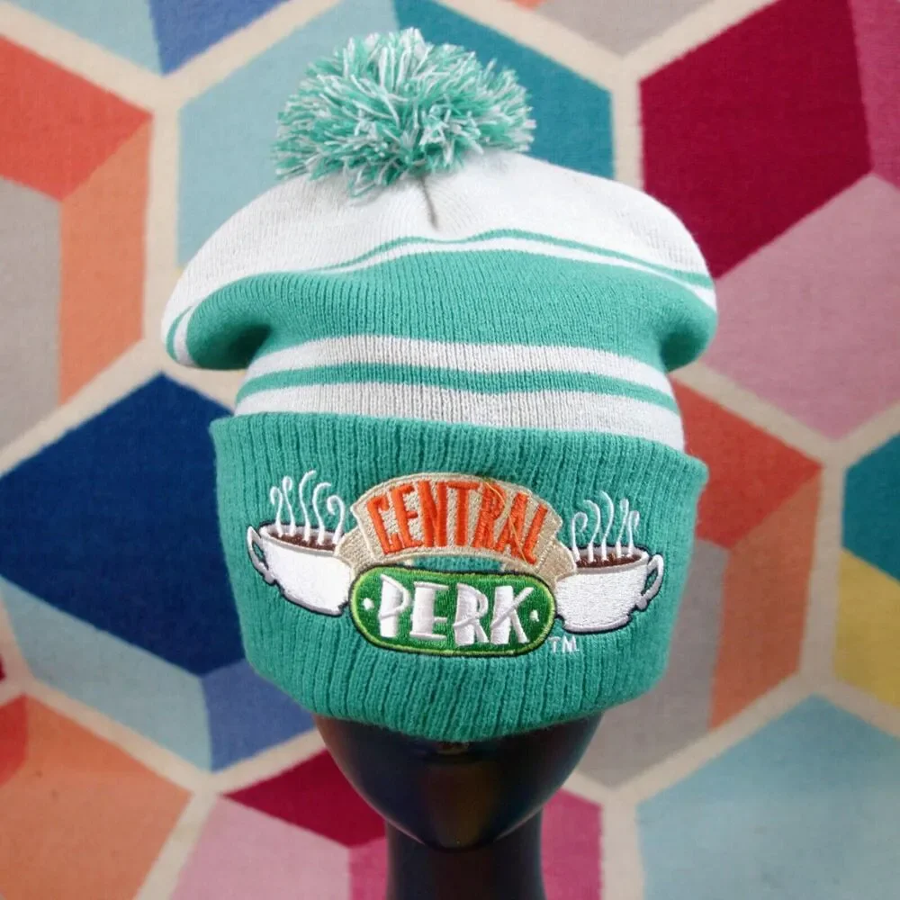 FRIENDS Central Perk Beanie Winter Hat Knitted White Green Striped‎ One Size