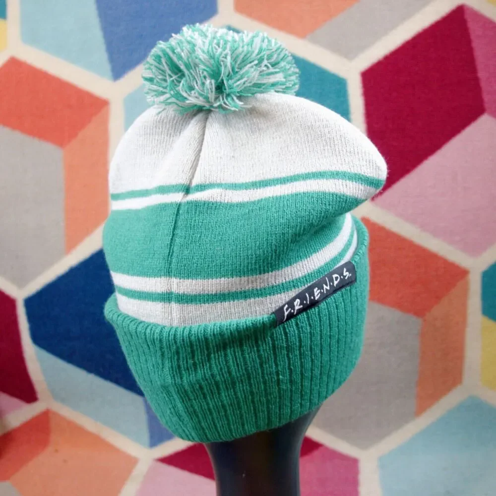 FRIENDS Central Perk Beanie Winter Hat Knitted White Green Striped‎ One Size