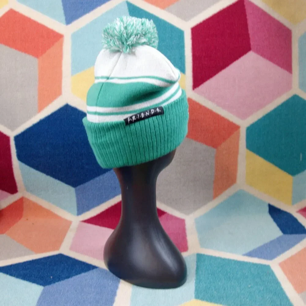 FRIENDS Central Perk Beanie Winter Hat Knitted White Green Striped‎ One Size