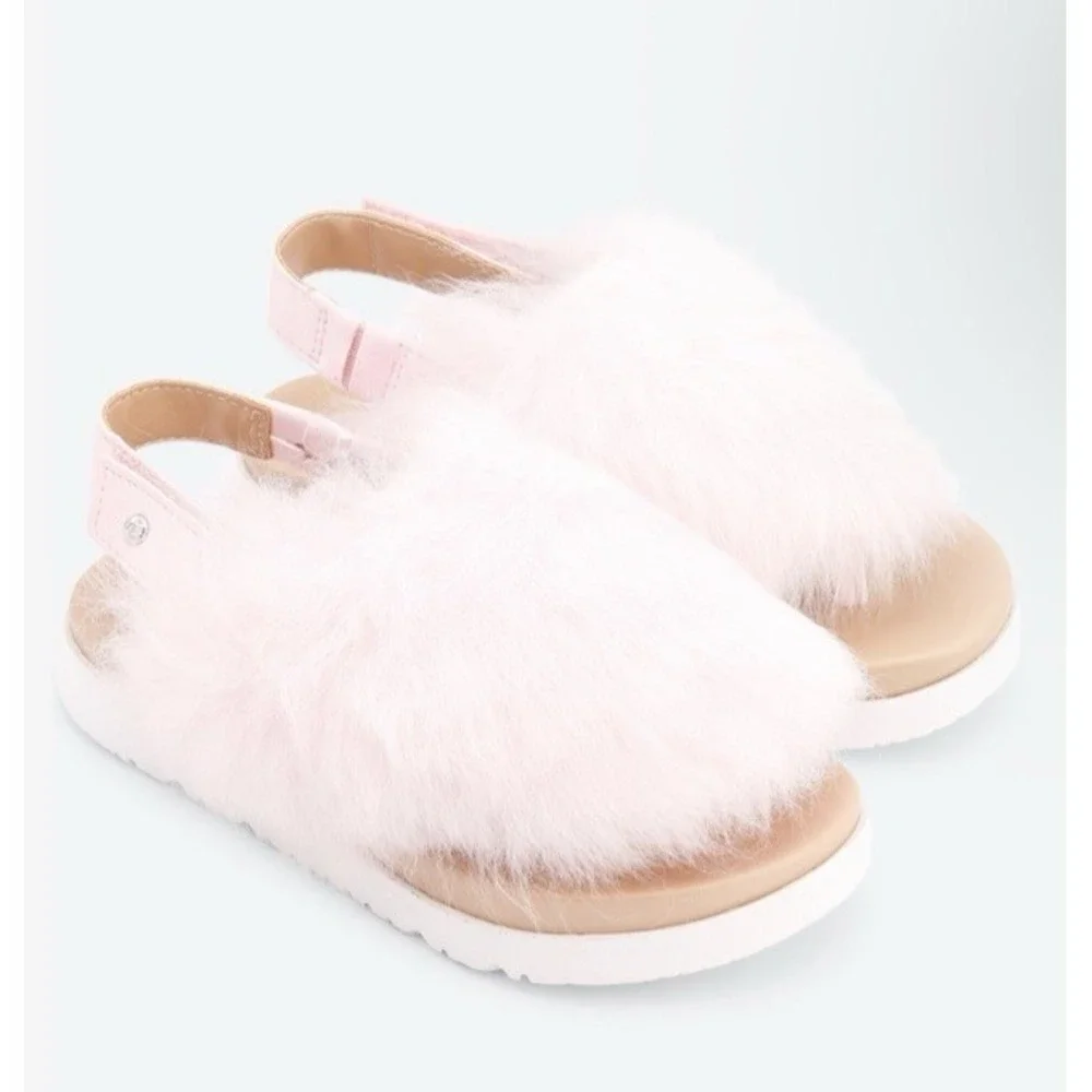 UGG Big Girls Size 5/ EU 35 Holly Fuzzy Sling Back Fur Sandals Seashell Pink