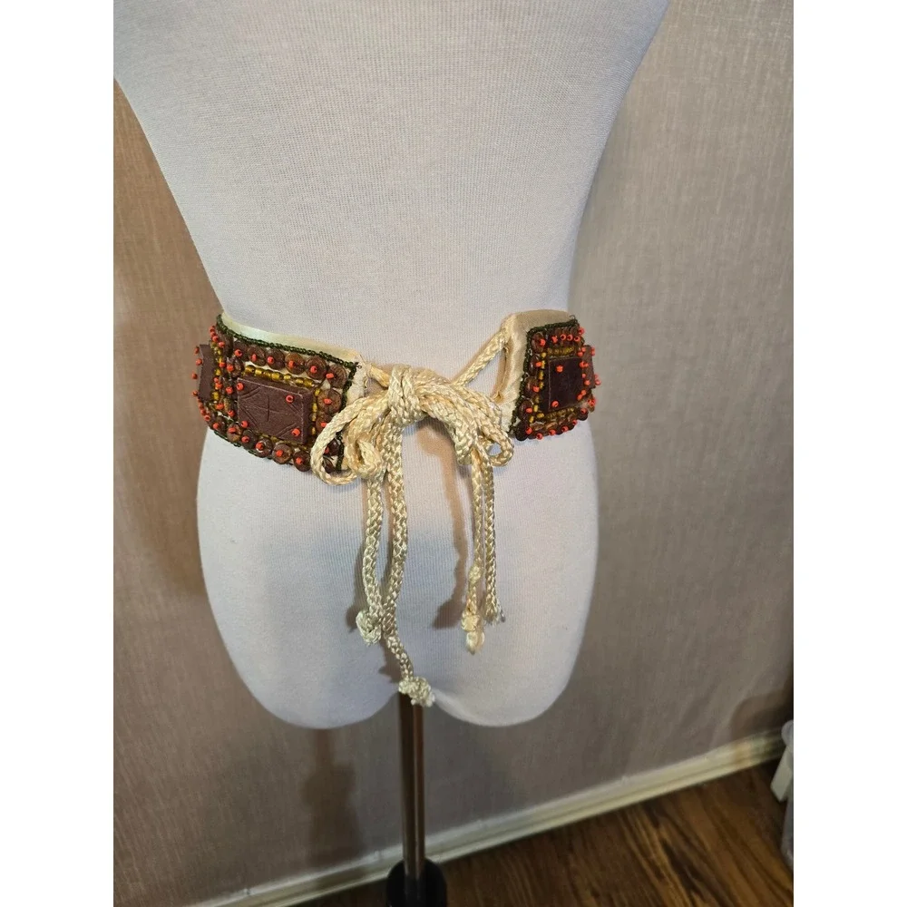 Boho‎ handmade Beaded Wood Square Accent Wide Waist Belt Tie Sash Women