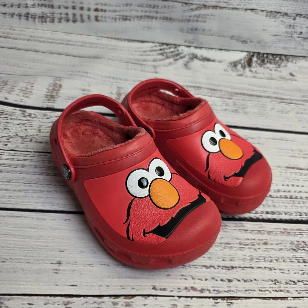 Crocs Juniors Size 1 Red Elmo Face Slip‎ On Plush Lined Clog Shoes Sesame Street