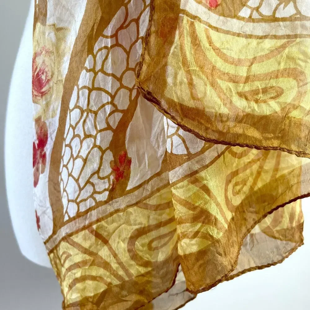 Vintage Silk Rectangle Scarf Brown Yellow Abstract Floral Hand Rolled