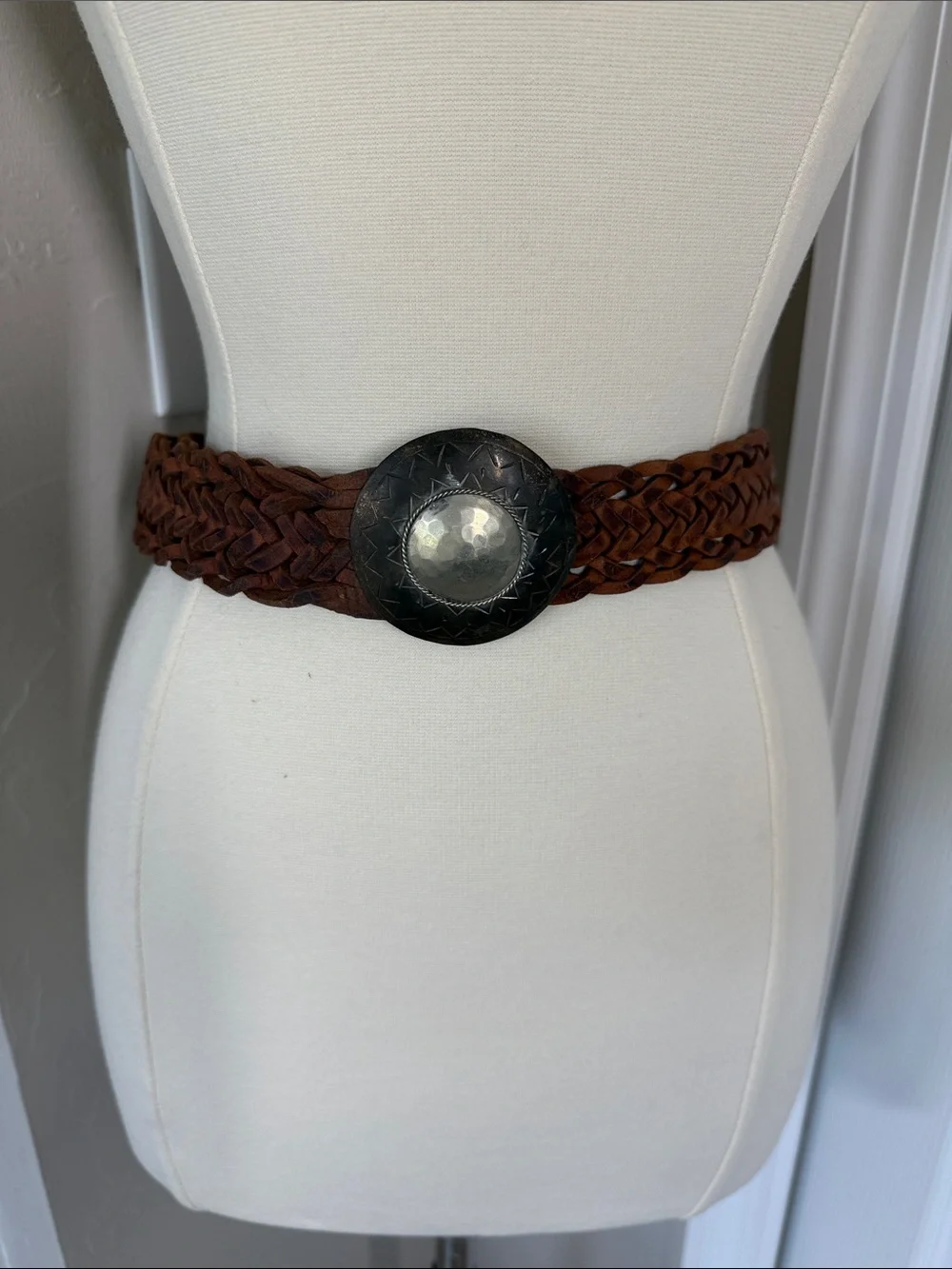Braided leather belt with silver hammered buckle boho, western made in Morocco