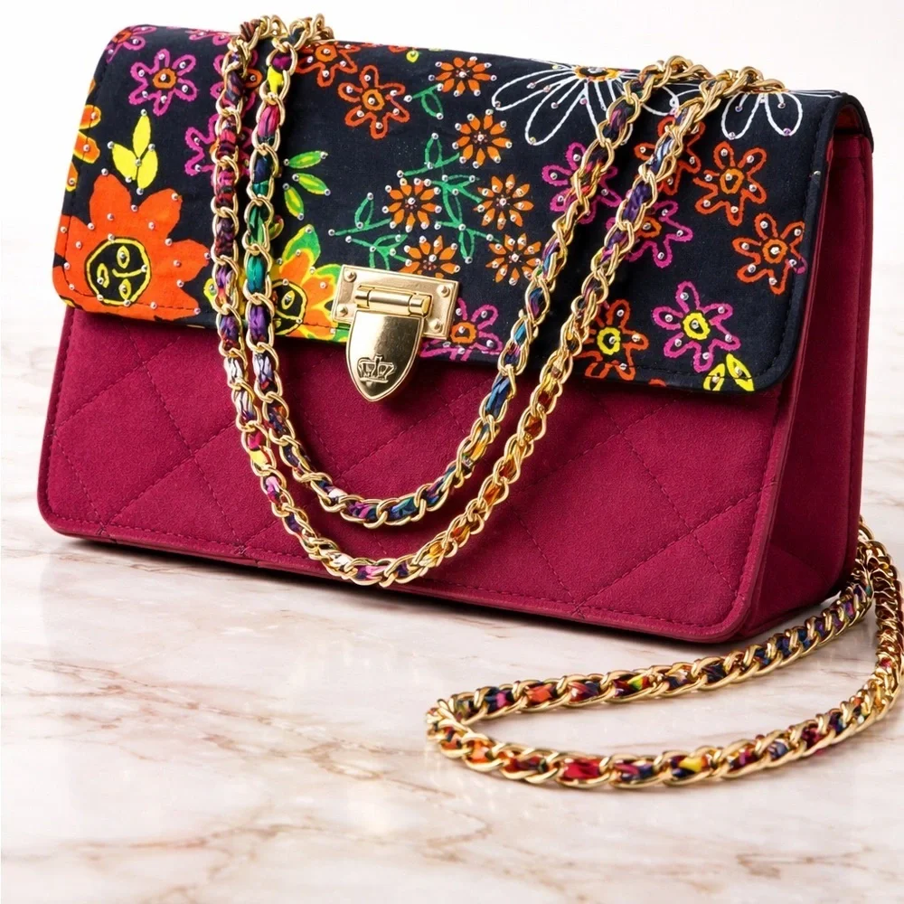 Quilted Floral Flap Shoulder Bag in Burgundy and Multicolor