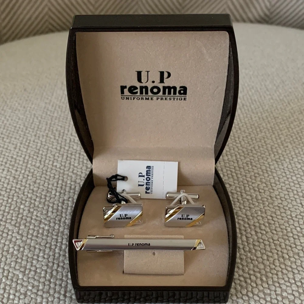 U.P. RENOMA Silvertone Cufflinks and Tie Clip Set