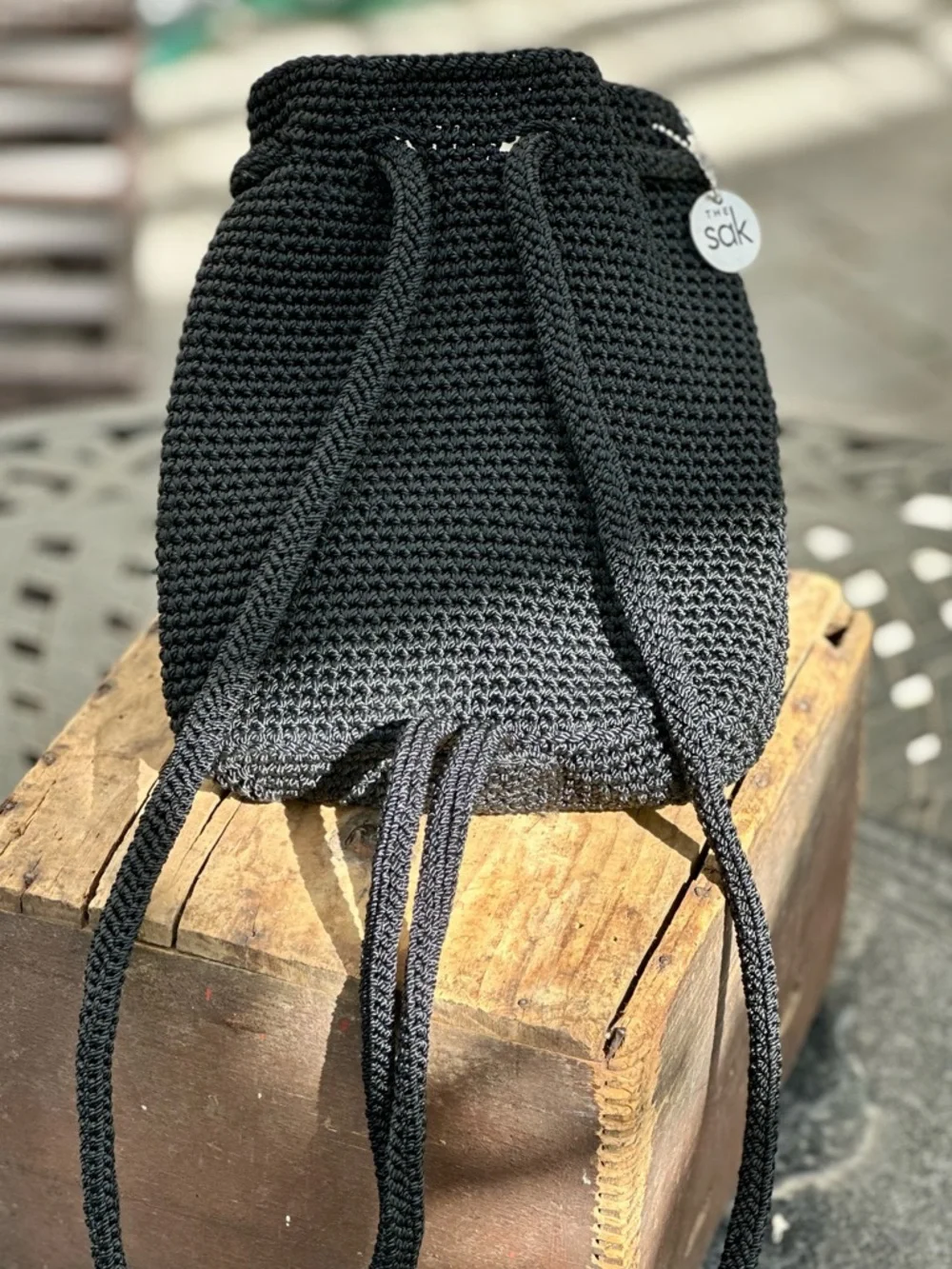 The Sak Black Crochet Bucket Bag Drawstring Crossbody Boho Backpack Purse