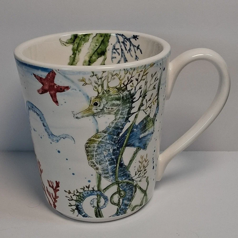 Pier 1 Sea Life Ironstone Mug Seahorse Octopus Crab Watercolor Nautical MINT