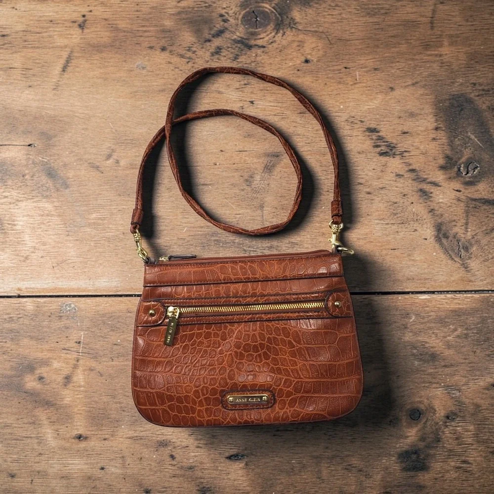 Anne Klein‎ Cognac Brown Crocodile Embossed Crossbody Bag Gold Hardware