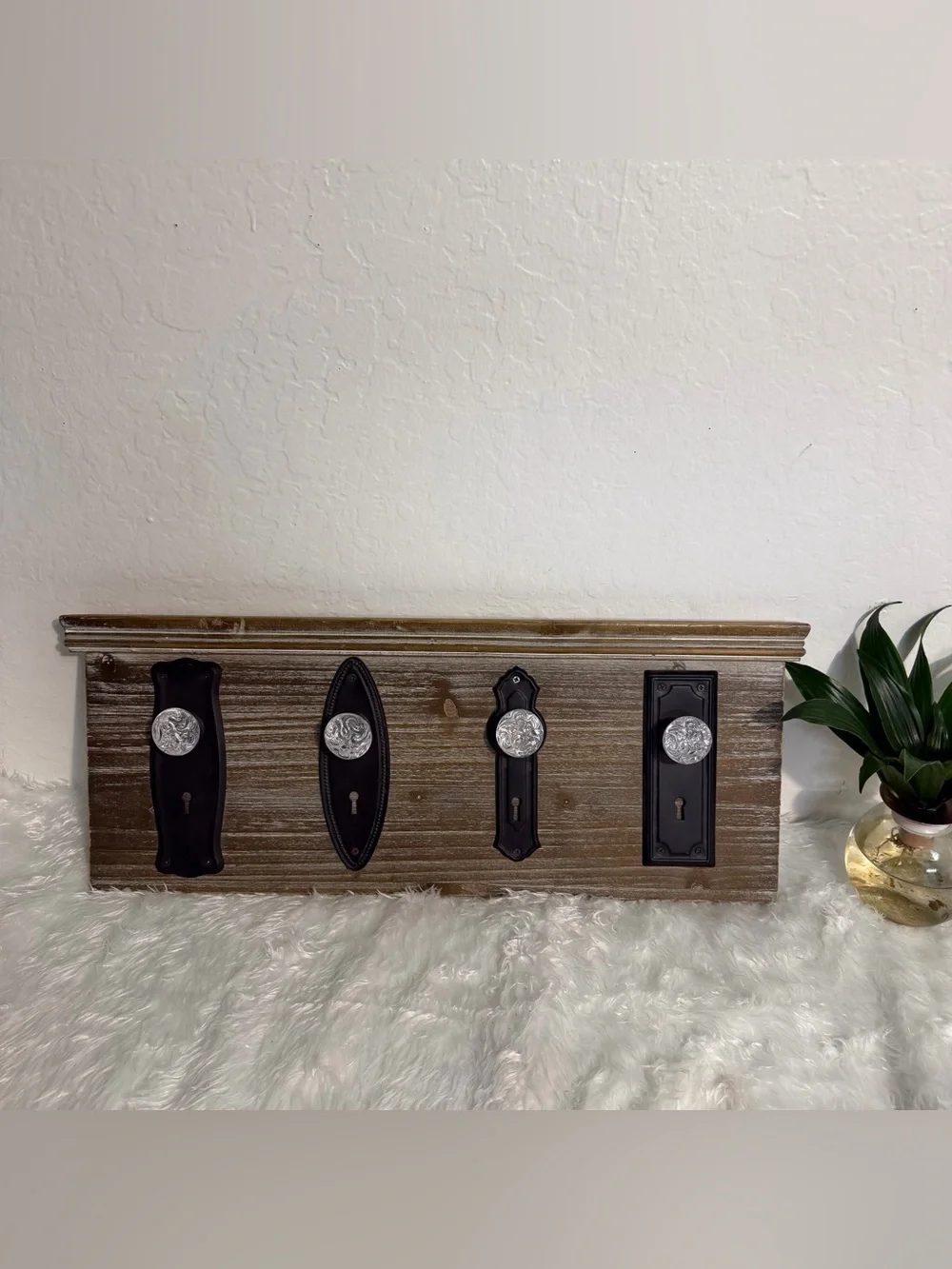 Rustic Wood Key Rack with Black Backplates and Glass Knobs