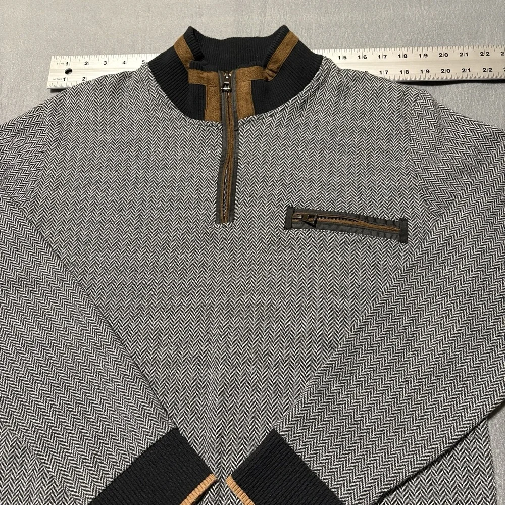 Dewberry Quarter Zip Sweater Mens XL Gray Herringbone Suede Mock‎ Neck Pullover