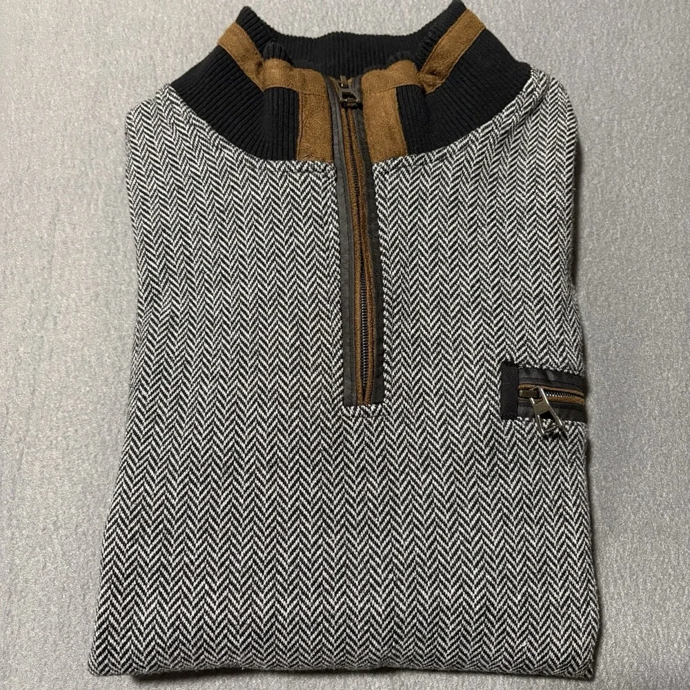 Dewberry Quarter Zip Sweater Mens XL Gray Herringbone Suede Mock‎ Neck Pullover