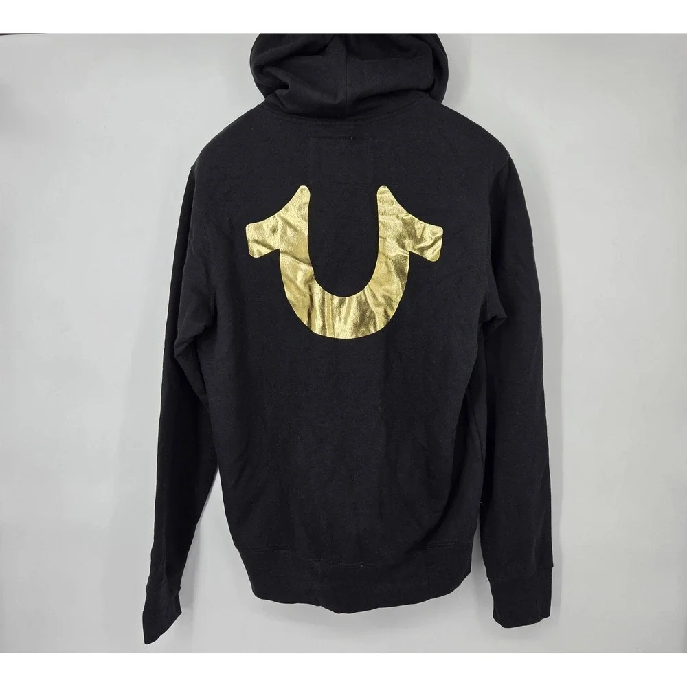 TRUE RELIGION Hoodie Men's Large Black Gold Horseshoe Full‎ Zip Up Sweatshirt