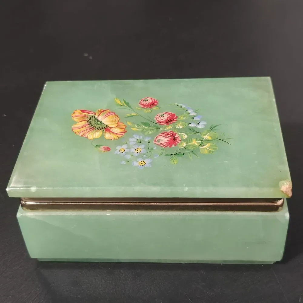 Alabaster Green ONYX Floral Keepsake Trinket‎ Box Marble Gold