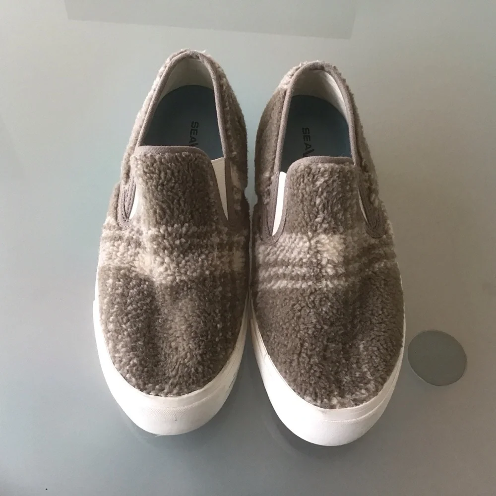 Seavees Taupe Plaid Shearling Baja Slip On Platform Sneakers Shoes Womens 7 37.5