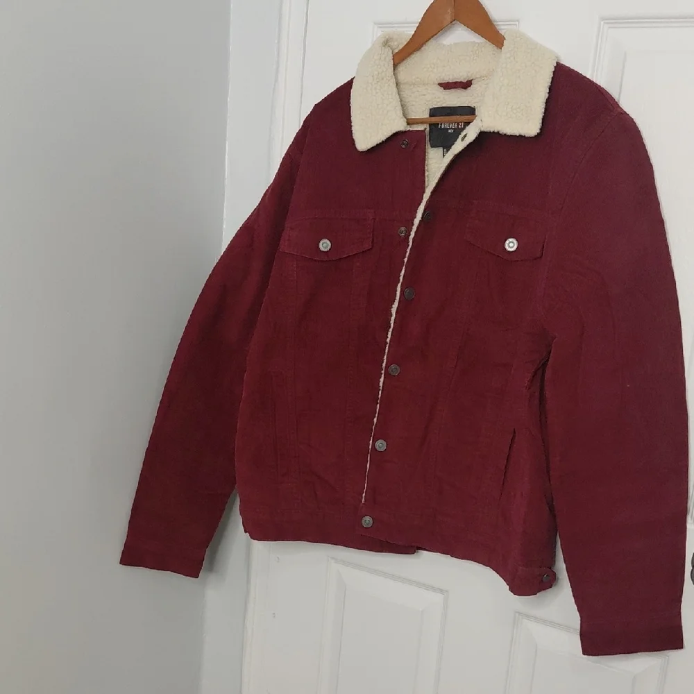 Forever 21 Men's Burgundy Corduroy Jacket with Cream Sherpa Collar