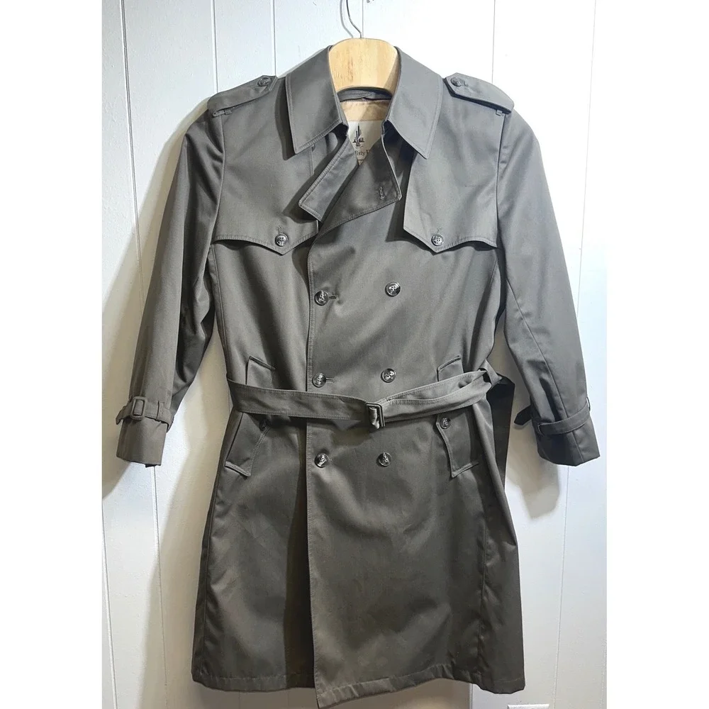 Misty Harbor Mens Double Breasted Trench Coat Olive Green Removable Liner Belted