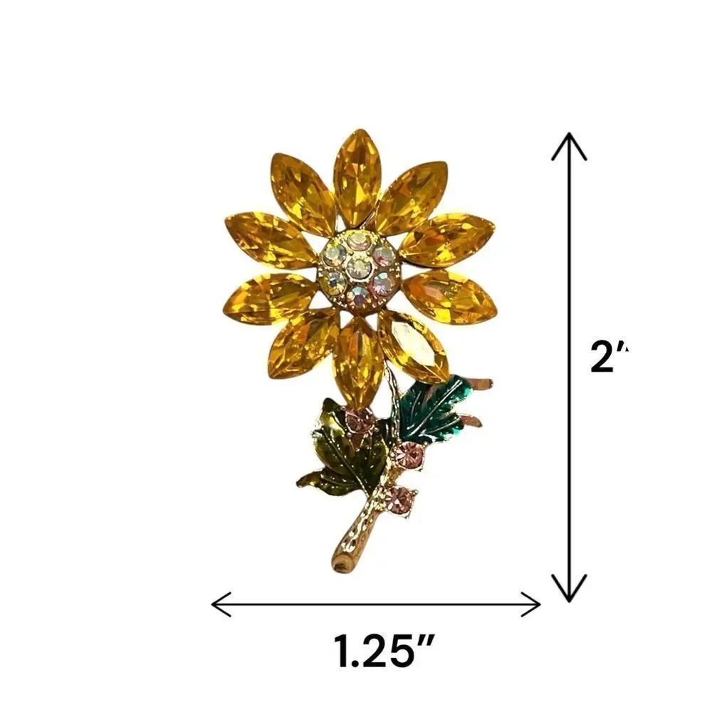 Rhinestone Yellow Sunflower Gold Tone Brooch