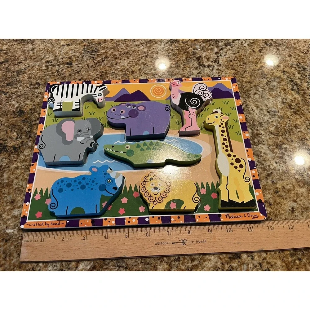 Melissa & Doug Wooden Chunky Puzzles Safari Animals 2014  8 Pieces Excellent