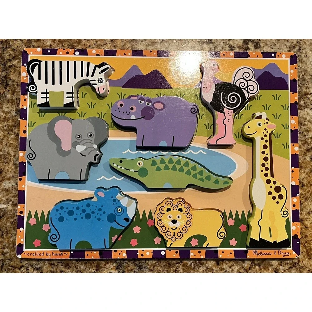Melissa & Doug Wooden Chunky Puzzles Safari Animals 2014  8 Pieces Excellent