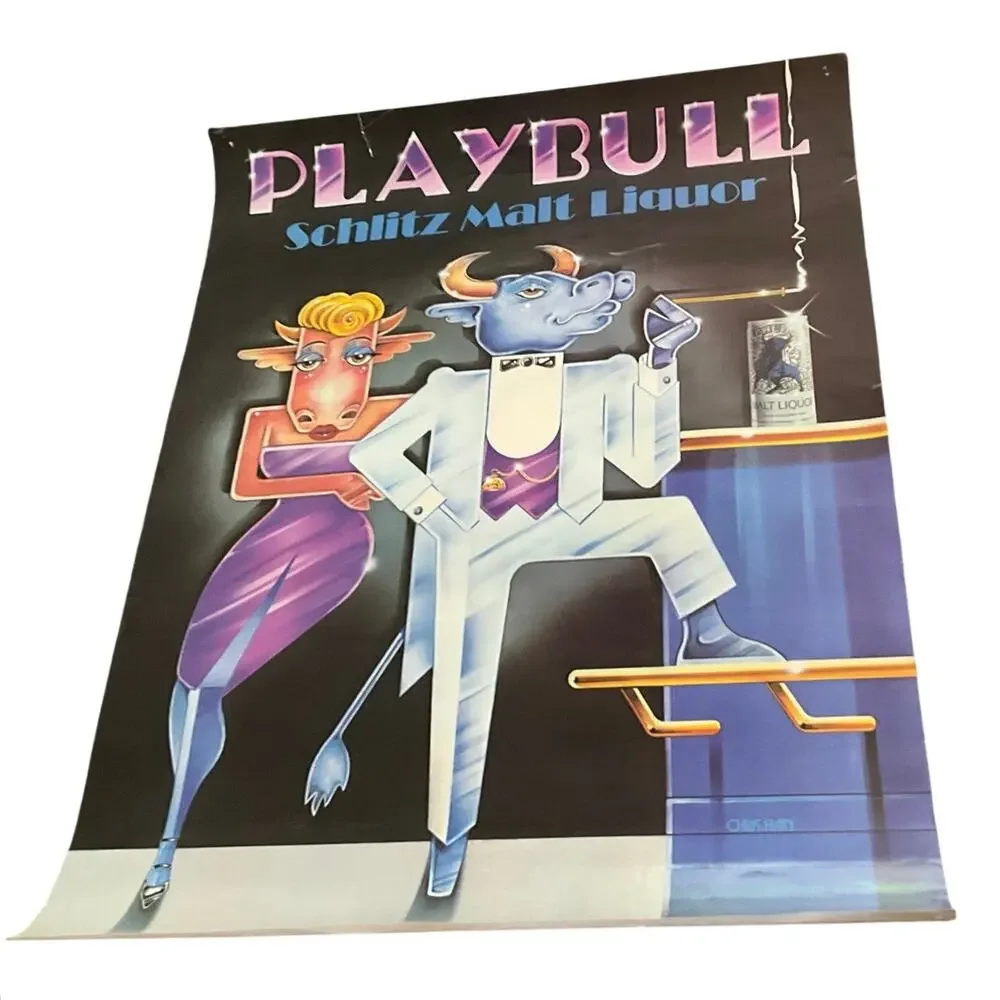 1983 Playbull Schlitz Malt Liquor Poster Chris Hain Stroh Brewery Advertising