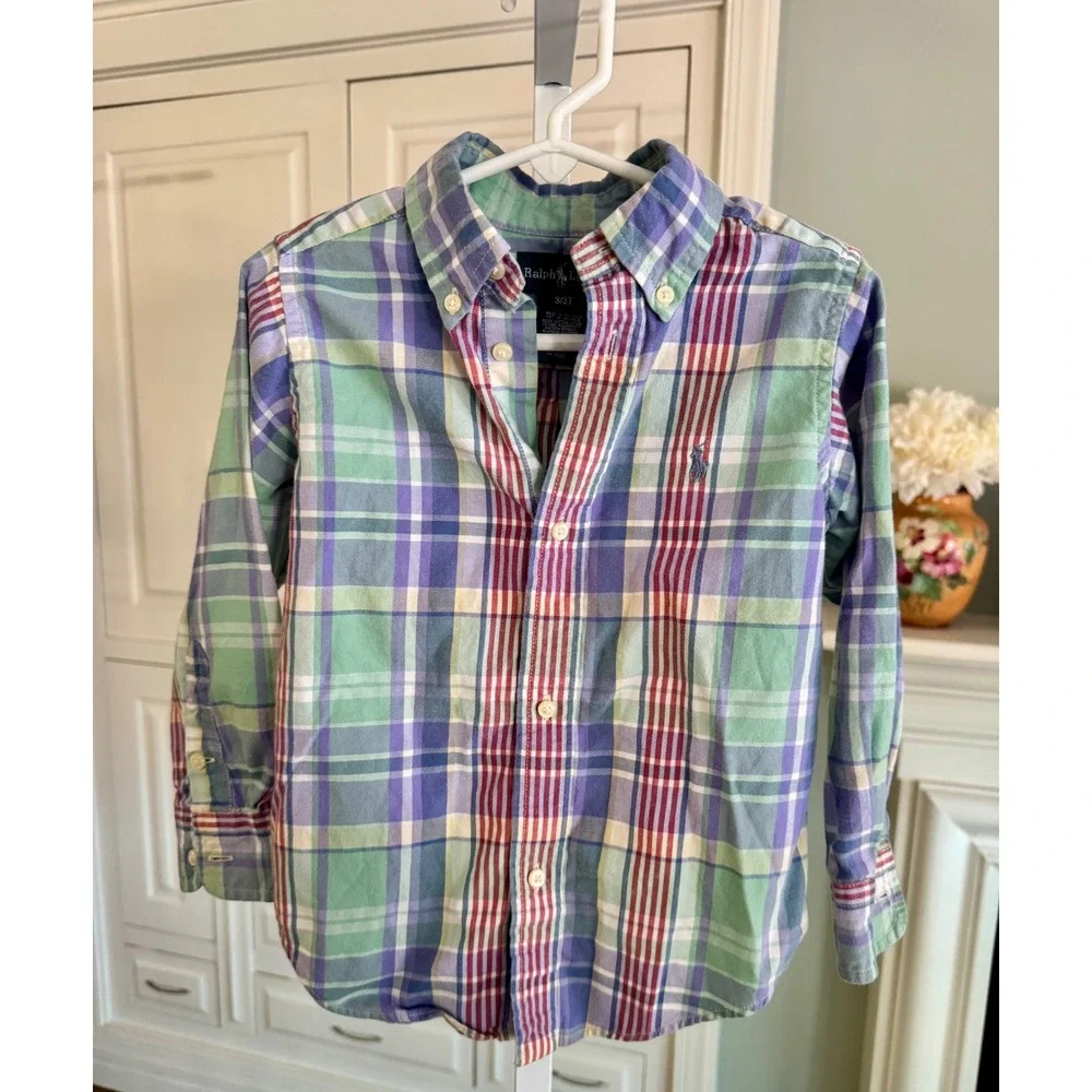 Ralph Lauren Kids Plaid Button Down Shirt 3T Green Purple Cotton Long Sleeve