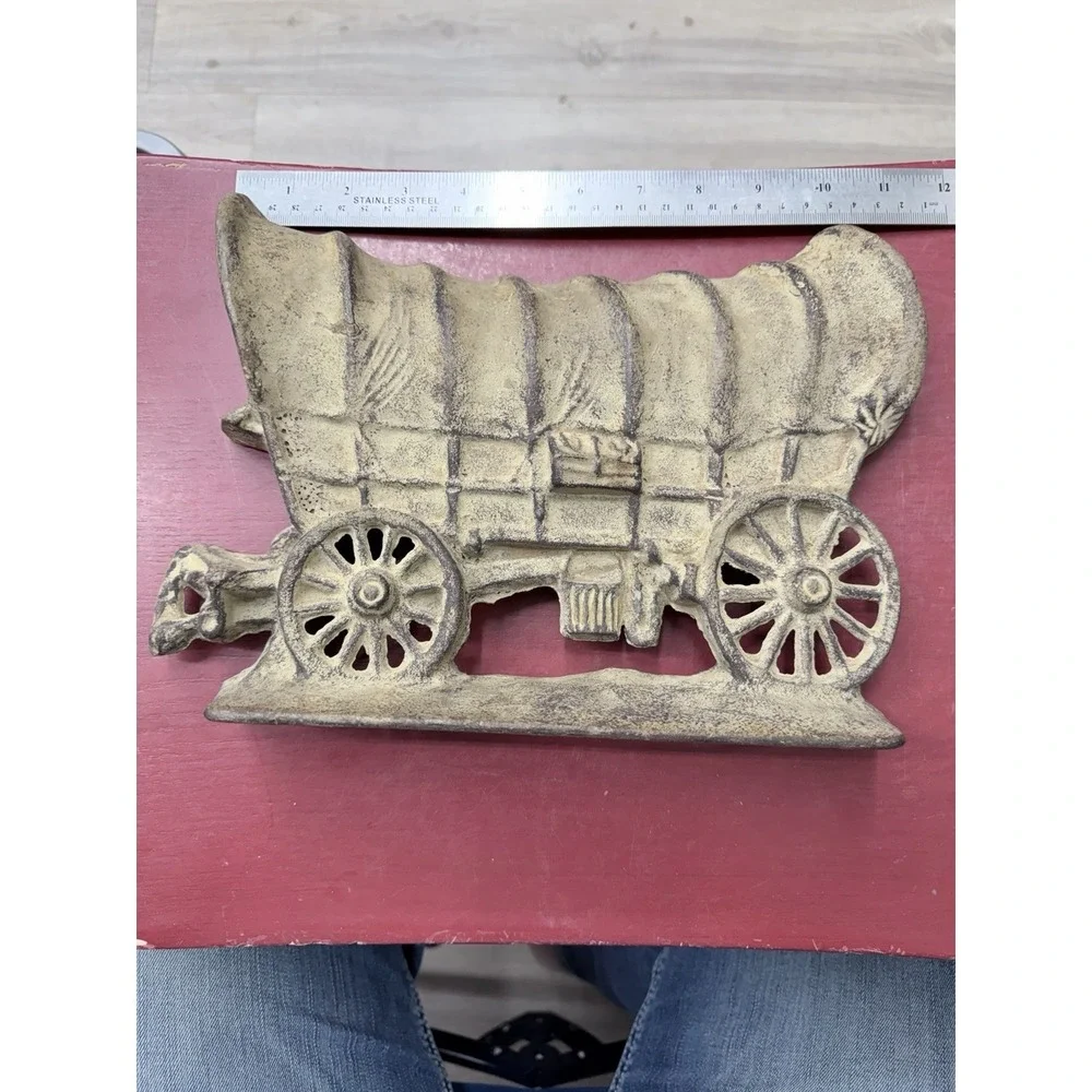 Antique Vintage Heavy Cast Iron Door Stop Old West Covered Carriage Wagon 12