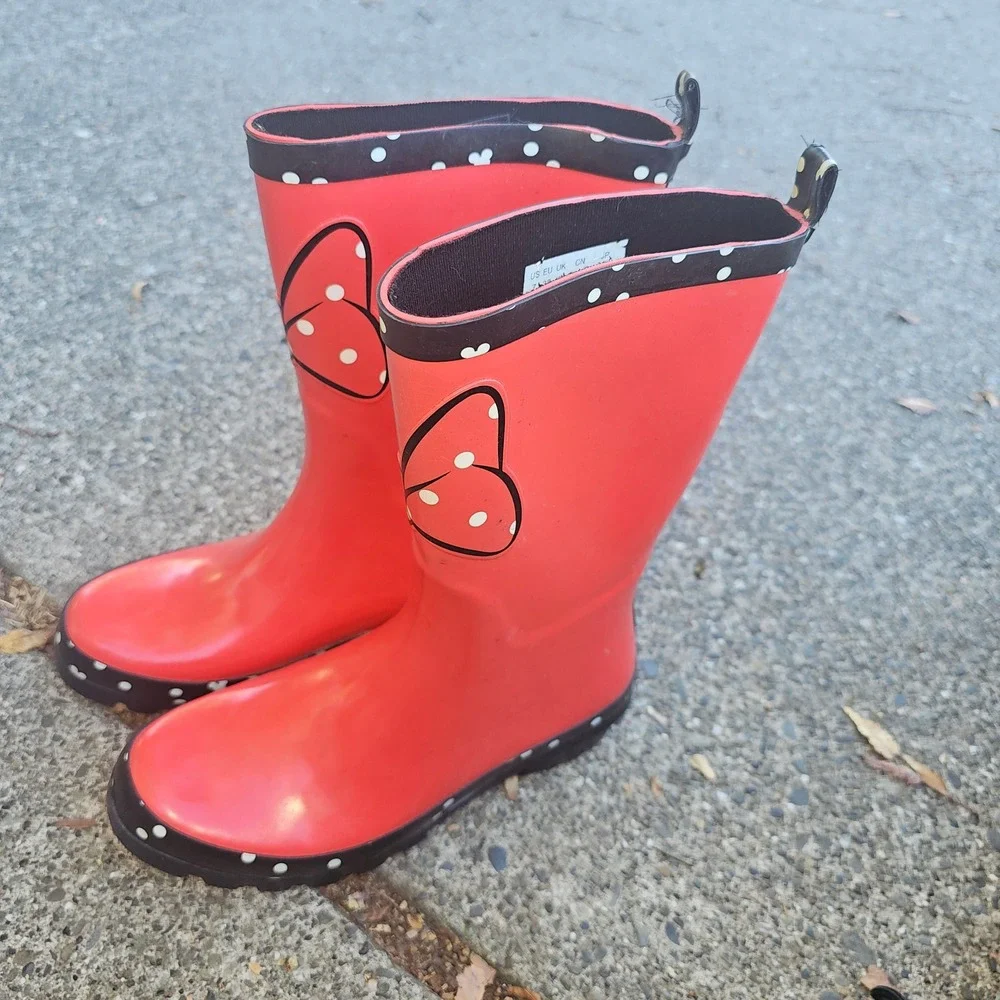 Disney Minnie Mouse Red Black Polka Dot‎ Kids Rain Boots Size 7