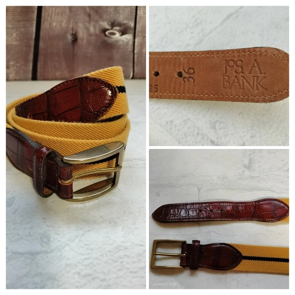 Jos. A. Bank Men's Belt Sz 36 Golden Yellow Blue Striped Classic Woven Golf