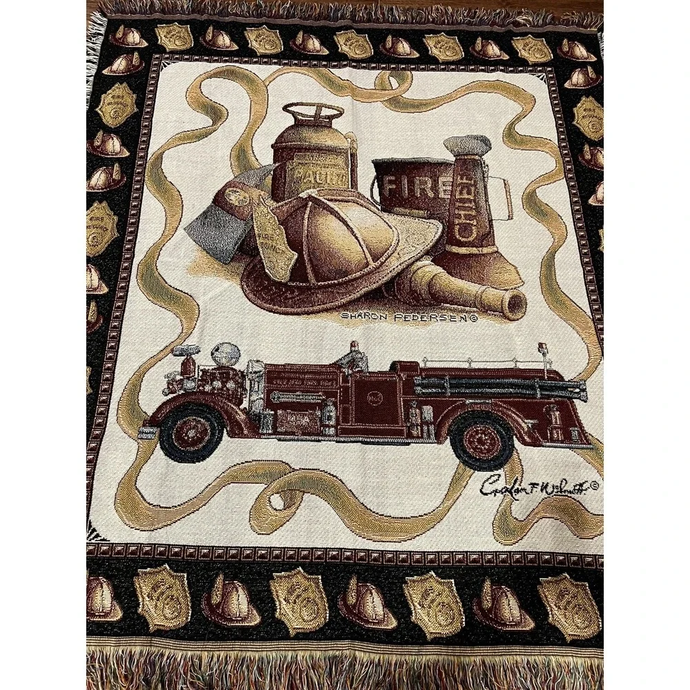 Sharon Pedersen Fire Chief Tapestry Throw Blanket 48 X 58 Firemen Engine Dept