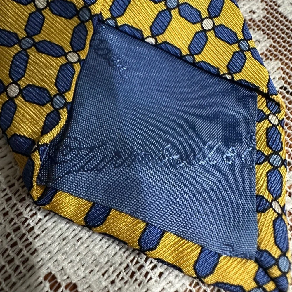 Vintage Turnbull & Asser Necktie OS Yellow Blue Silk Geometric Hand Made England