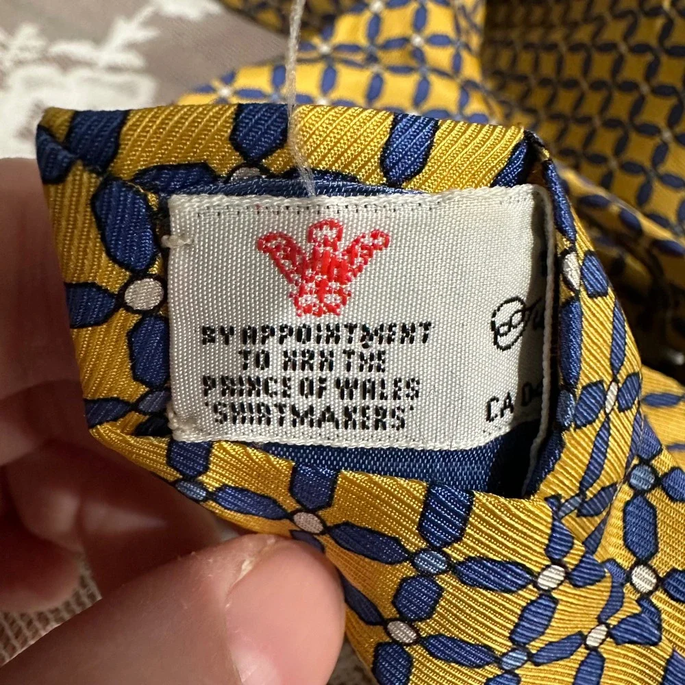 Vintage Turnbull & Asser Necktie OS Yellow Blue Silk Geometric Hand Made England