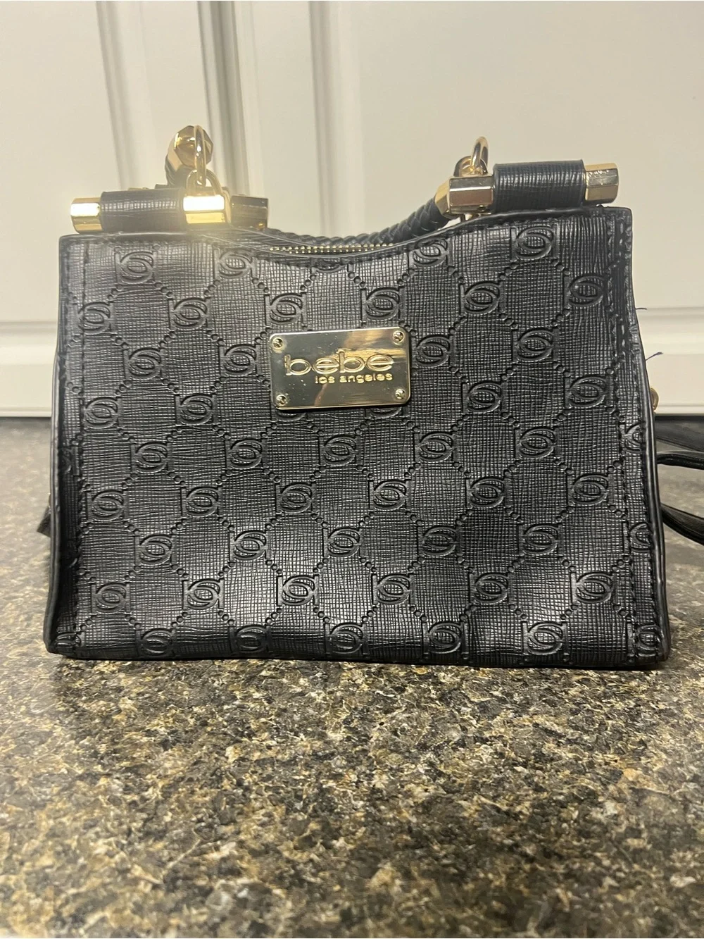 bebe Black Embossed Logo Satchel with Gold Plaque