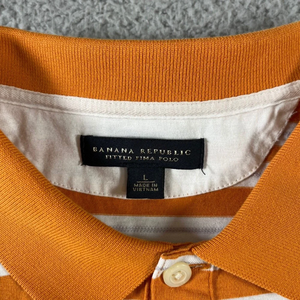 Banana Republic Mens Fitted Pima Polo Shirt Large Orange White Striped Cotton